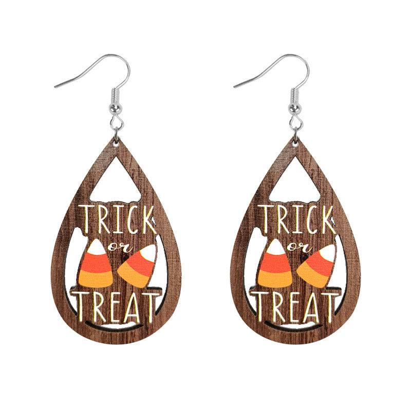 Wholesale Halloween Skeleton Pumpkin Witch Black Cat Spider Water Drop Hollow Wooden Earrings